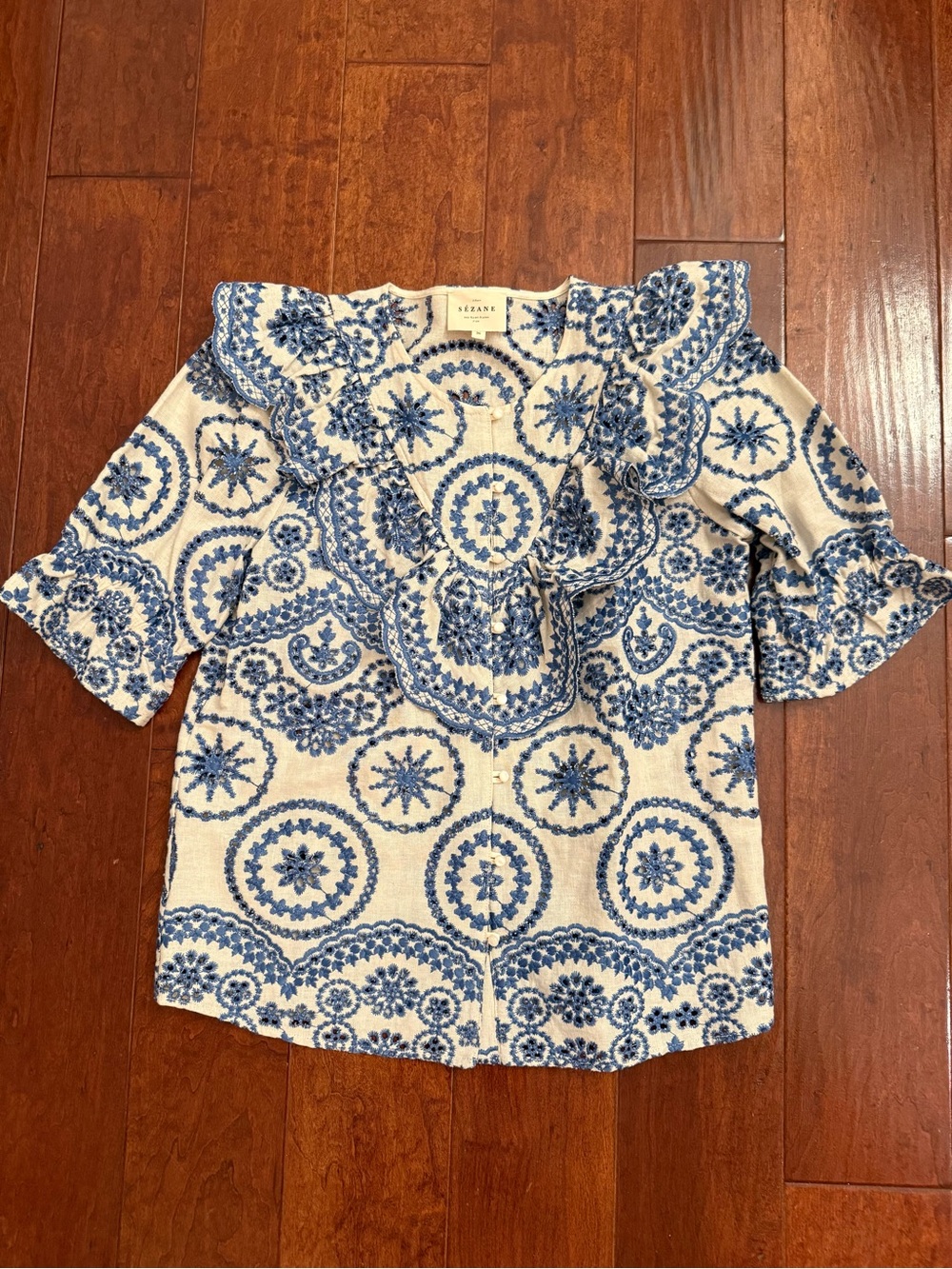 Sezane White Top with Blue Embroidered Medallions